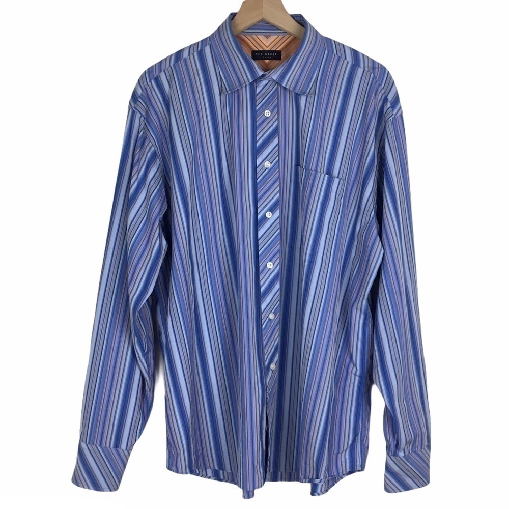 TED BAKER LONDON Button Up Dress Shirt Blue Stripe Classic Neck 17.5 Size 36/37